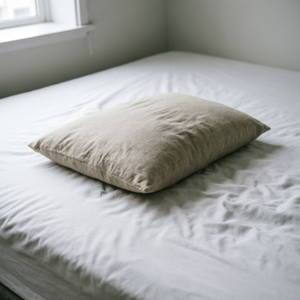Travesseiro convencional simples e achatado sobre cama com lençol branco