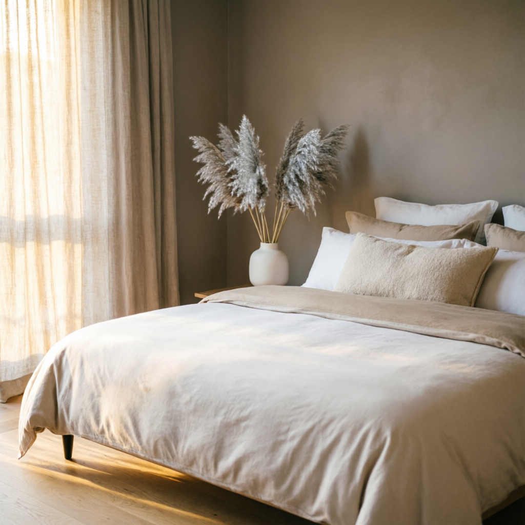 Quarto sofisticado com cama de roupa de cama branca e bege, travesseiros volumosos e luz suave da manhã
