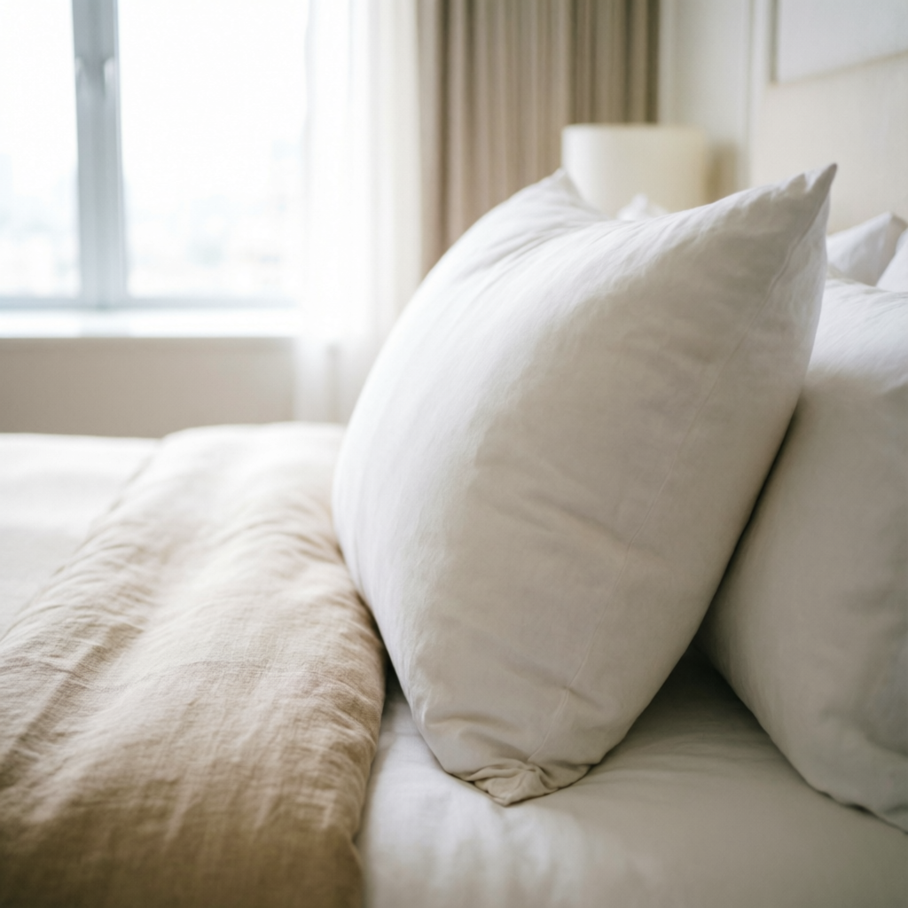 Travesseiro de pena de ganso branco sobre cama elegante com roupa de cama branca e bege