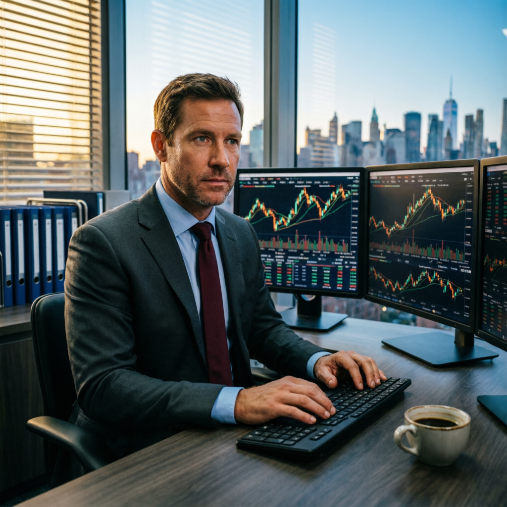 Professional forex trader analyzing charts with risk management focus