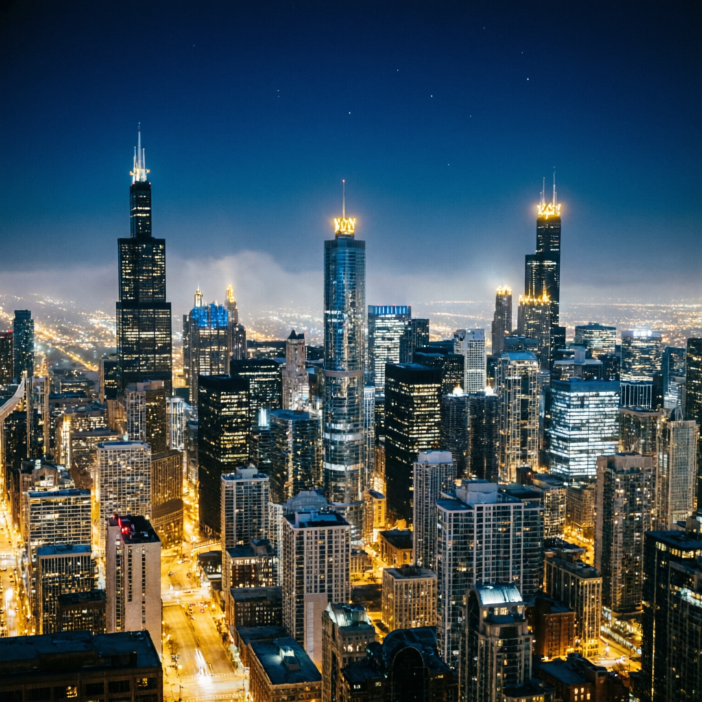 Chicago skyline at night representing Topstep headquarters location