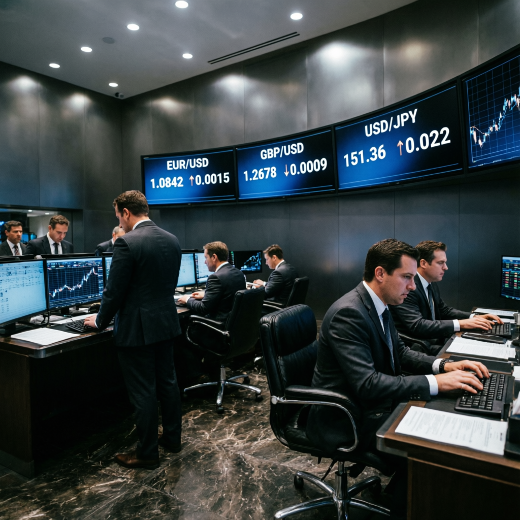 Professional trading floor with traders working on multiple screens