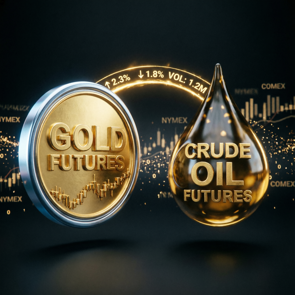 Gold and crude oil futures contracts representing Topstep trading instruments