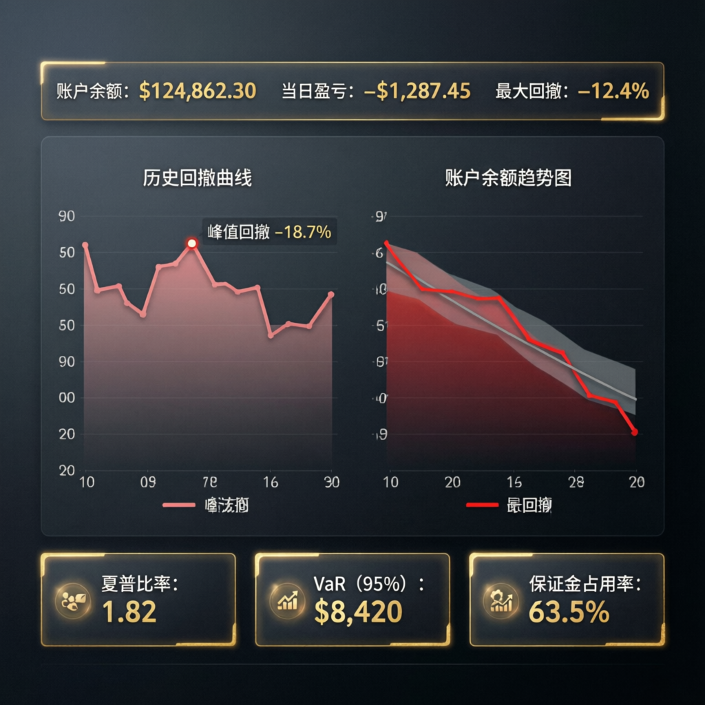Trading dashboard showing drawdown curve and account balance trend