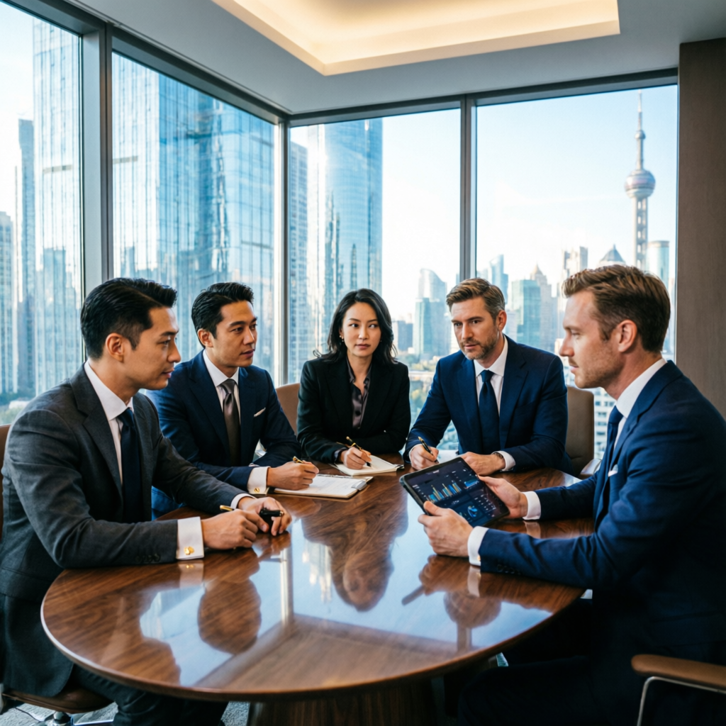 Professional team of financial experts in modern office discussing trading strategies