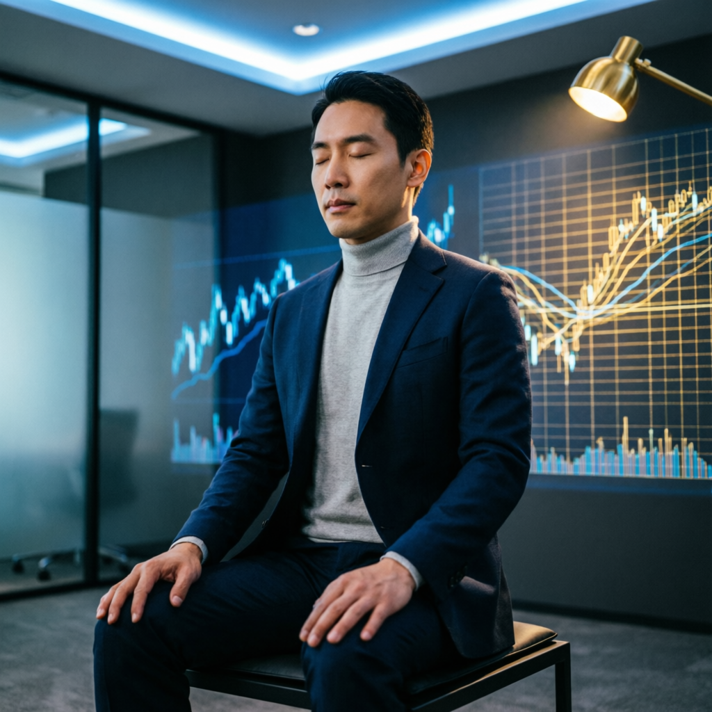 Trader practicing trading psychology and discipline with charts in background