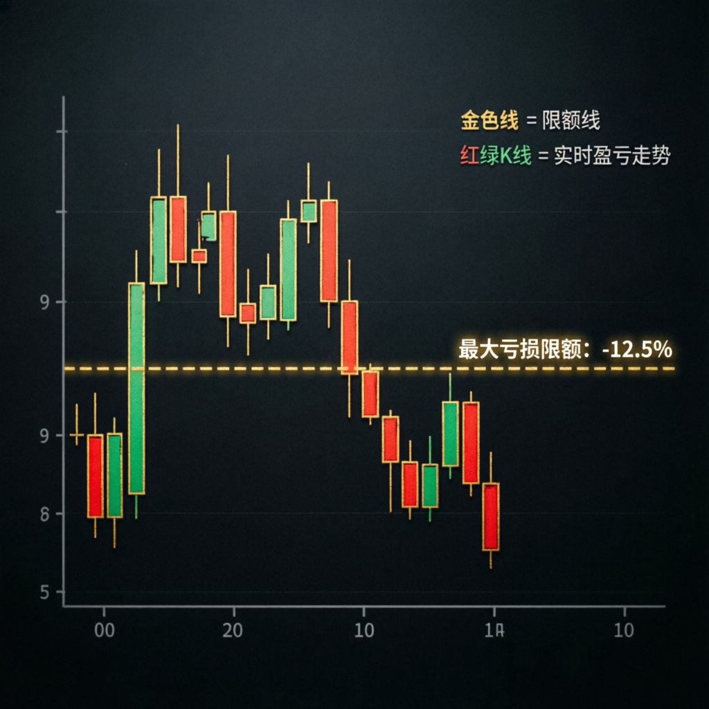 Candlestick chart showing maximum loss limit line and drawdown visualization