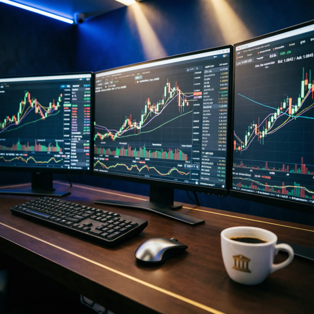 Professional forex trading desk with multiple monitors showing Topstep futures charts