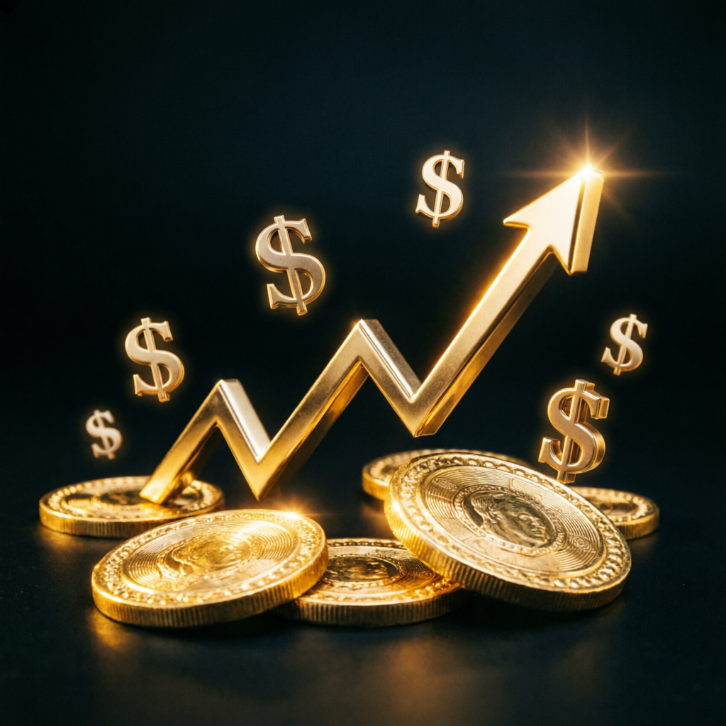 Financial growth chart with gold coins representing successful trading profits