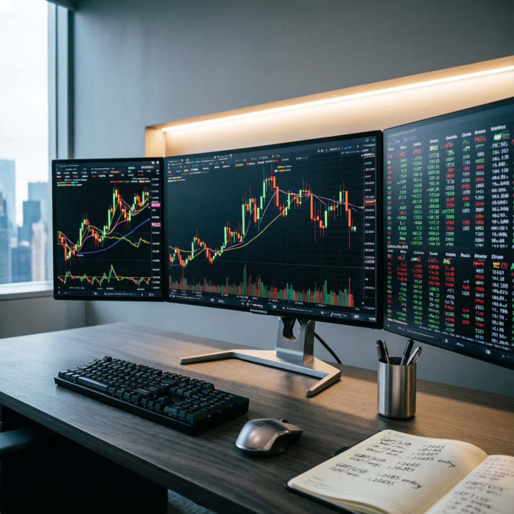 Professional forex trading setup with multiple monitors showing Fintokei prop firm trading charts and analysis