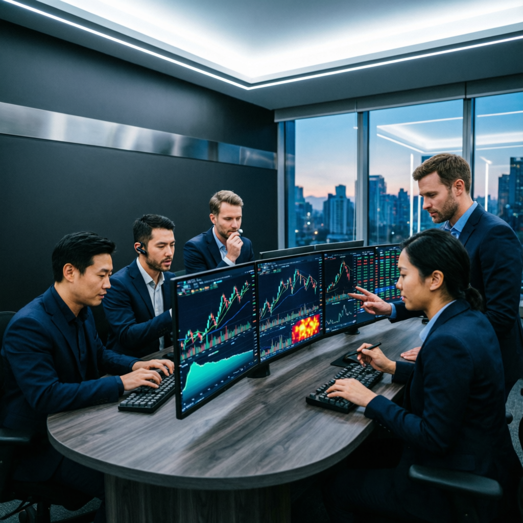 Professional team of forex traders collaborating on prop firm challenge strategies