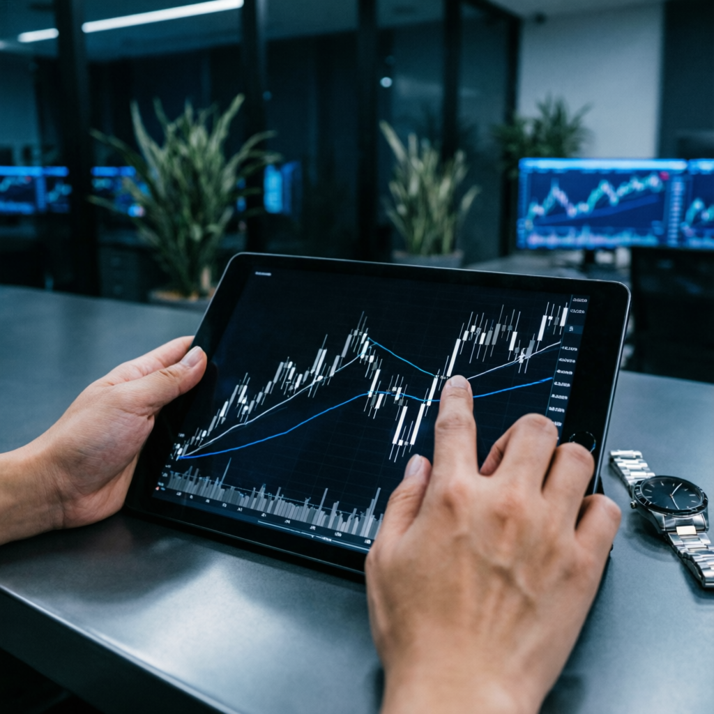 Professional trader analyzing forex charts on tablet for Fintokei prop firm challenge preparation