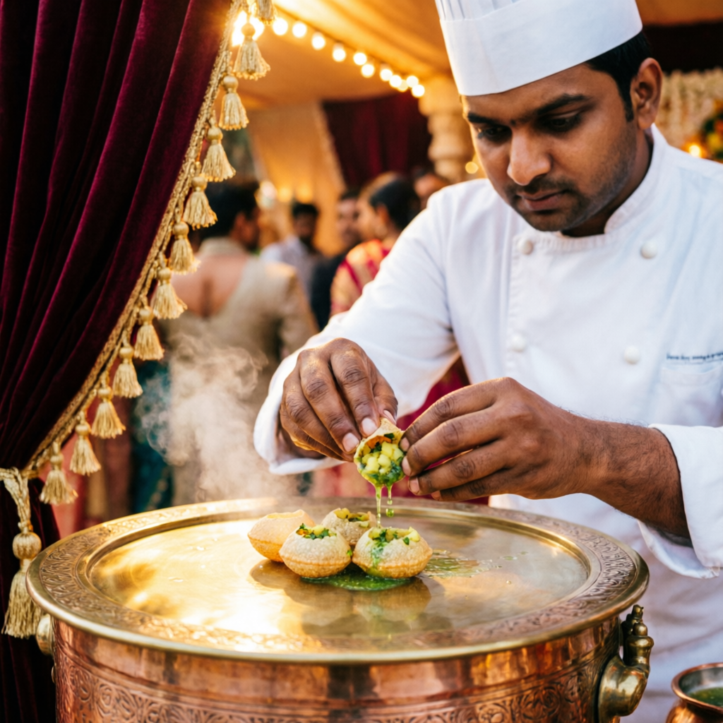 Chef preparing pani puri at a live chaat counter at a Noida wedding