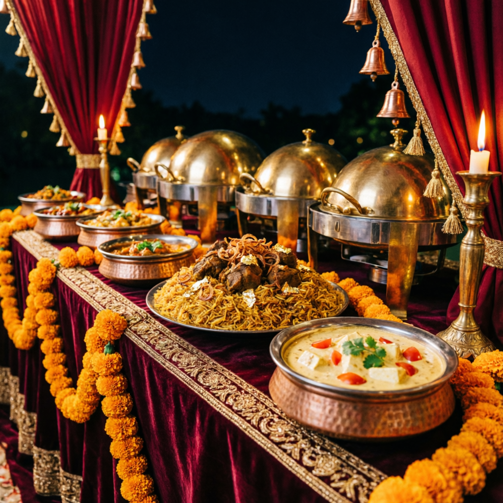 Wedding catering buffet with brass chafing dishes and marigold decor in Noida
