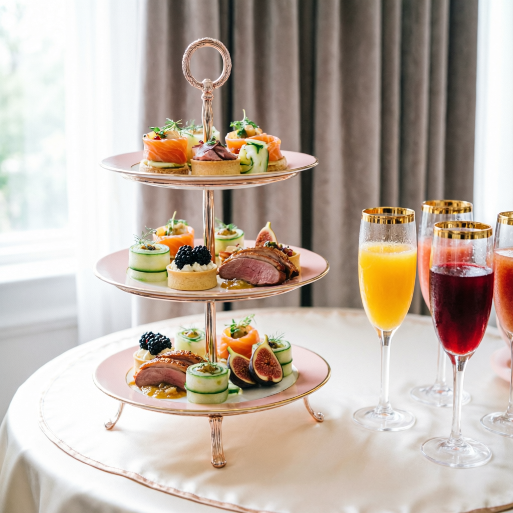 Elegant party catering high-tea stand with canapes for birthdays in Ghaziabad