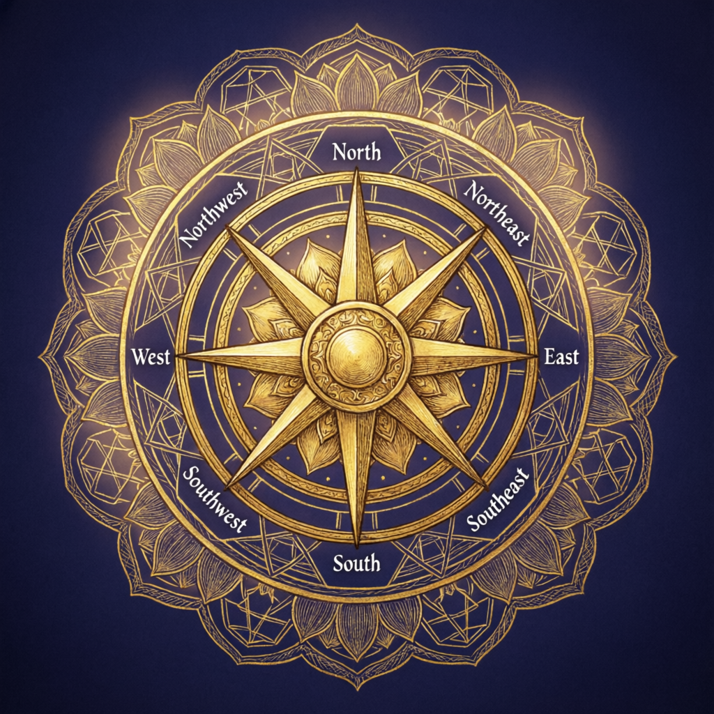Vastu directional compass showing the eight cardinal and intercardinal directions used in Vastu Shastra consultation