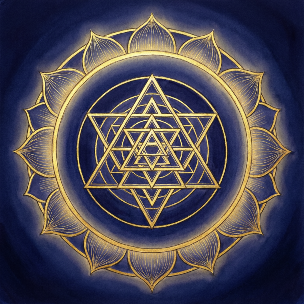 Sacred geometry illustration inspired by Sri Yantra and Vastu principles showing balance and harmony in form