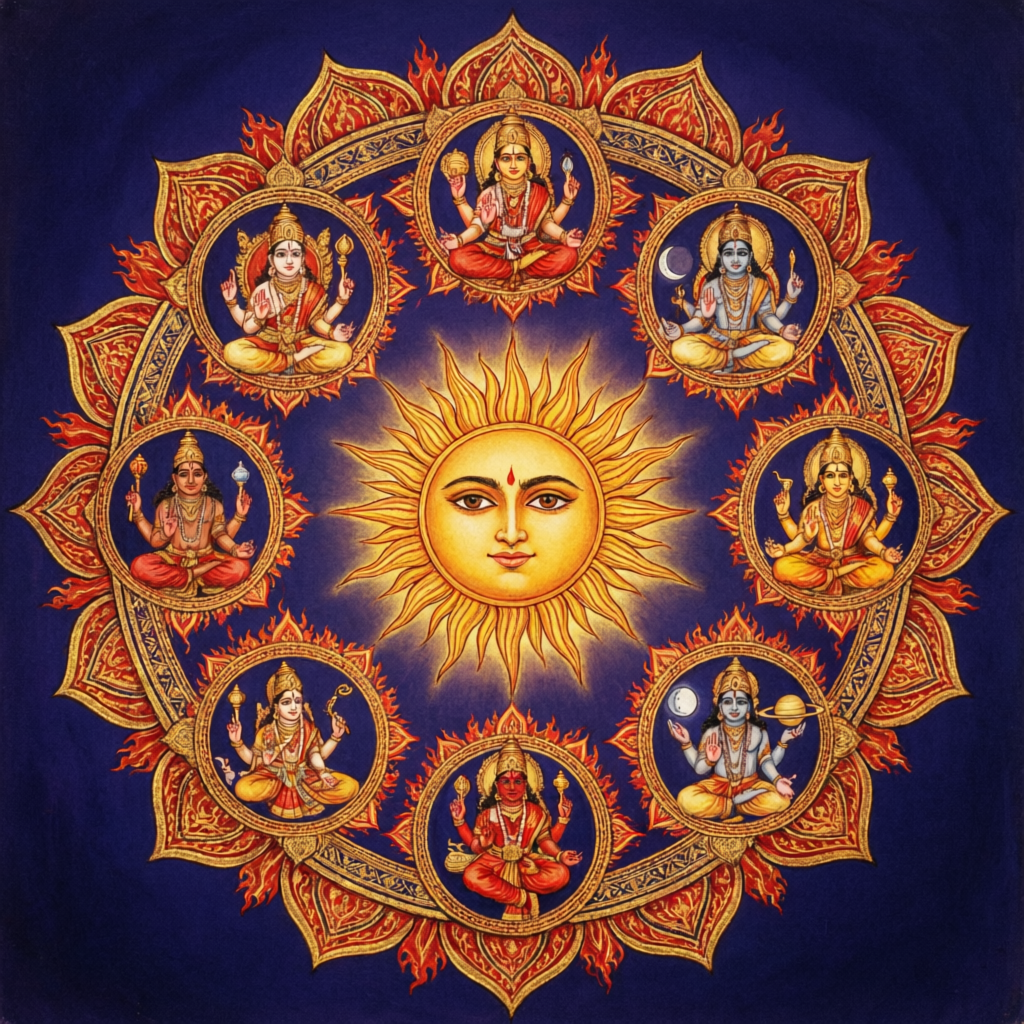 Navagraha nine planetary influences illustration used in Vedic astrology consultation showing the nine celestial bodies