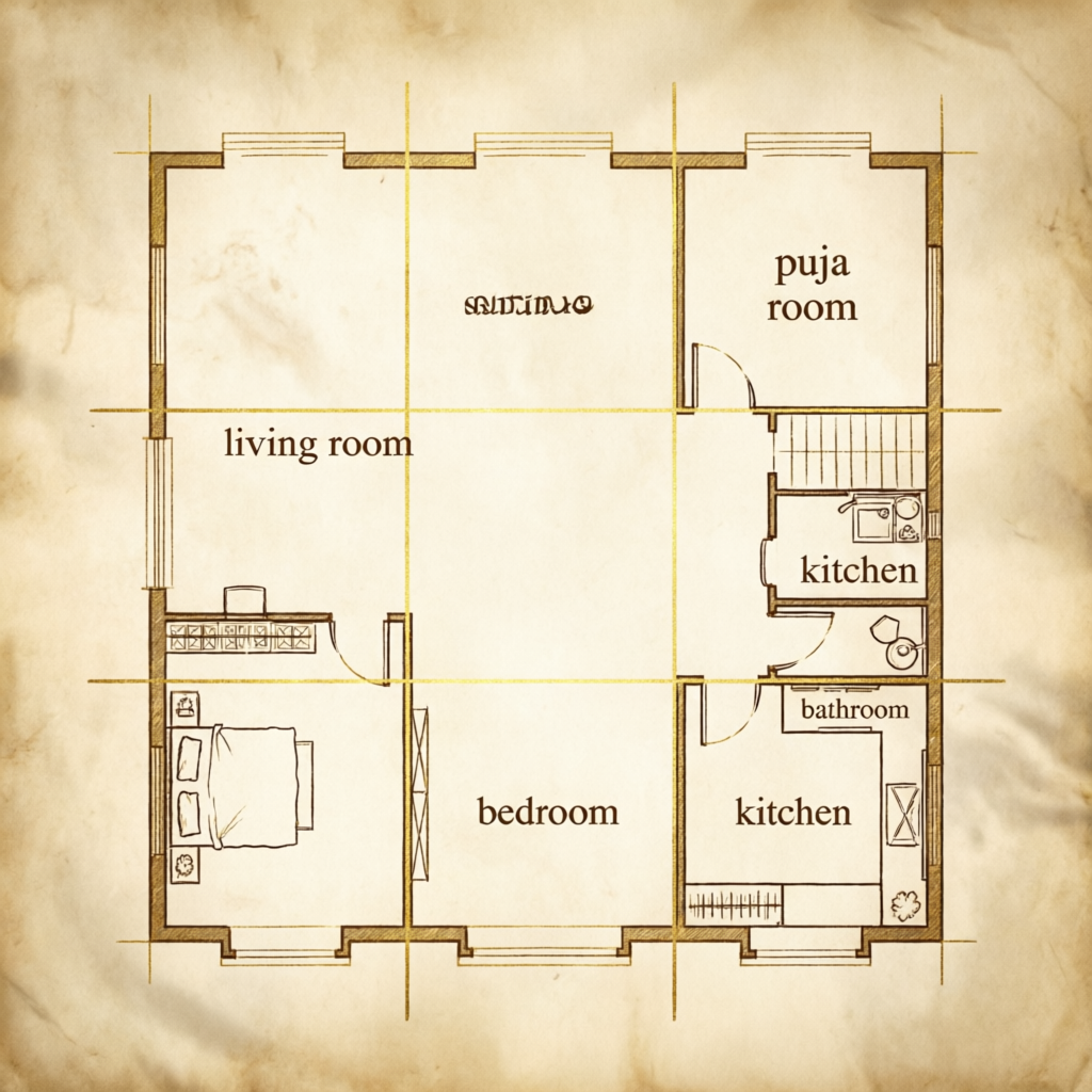 Vastu floor plan grid layout showing room arrangements by directional zones for residential Vastu consultation