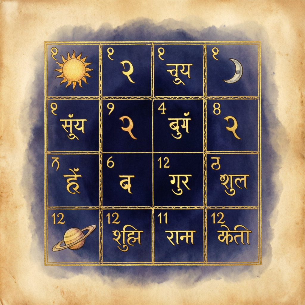 Hindu Kundli birth chart diagram showing the twelve houses used in Vedic astrology consultation and analysis