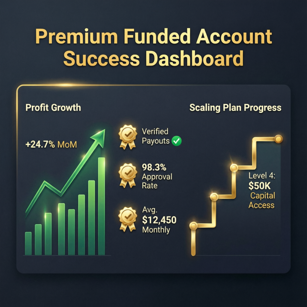 Premium funded account success dashboard showing profit growth and payouts