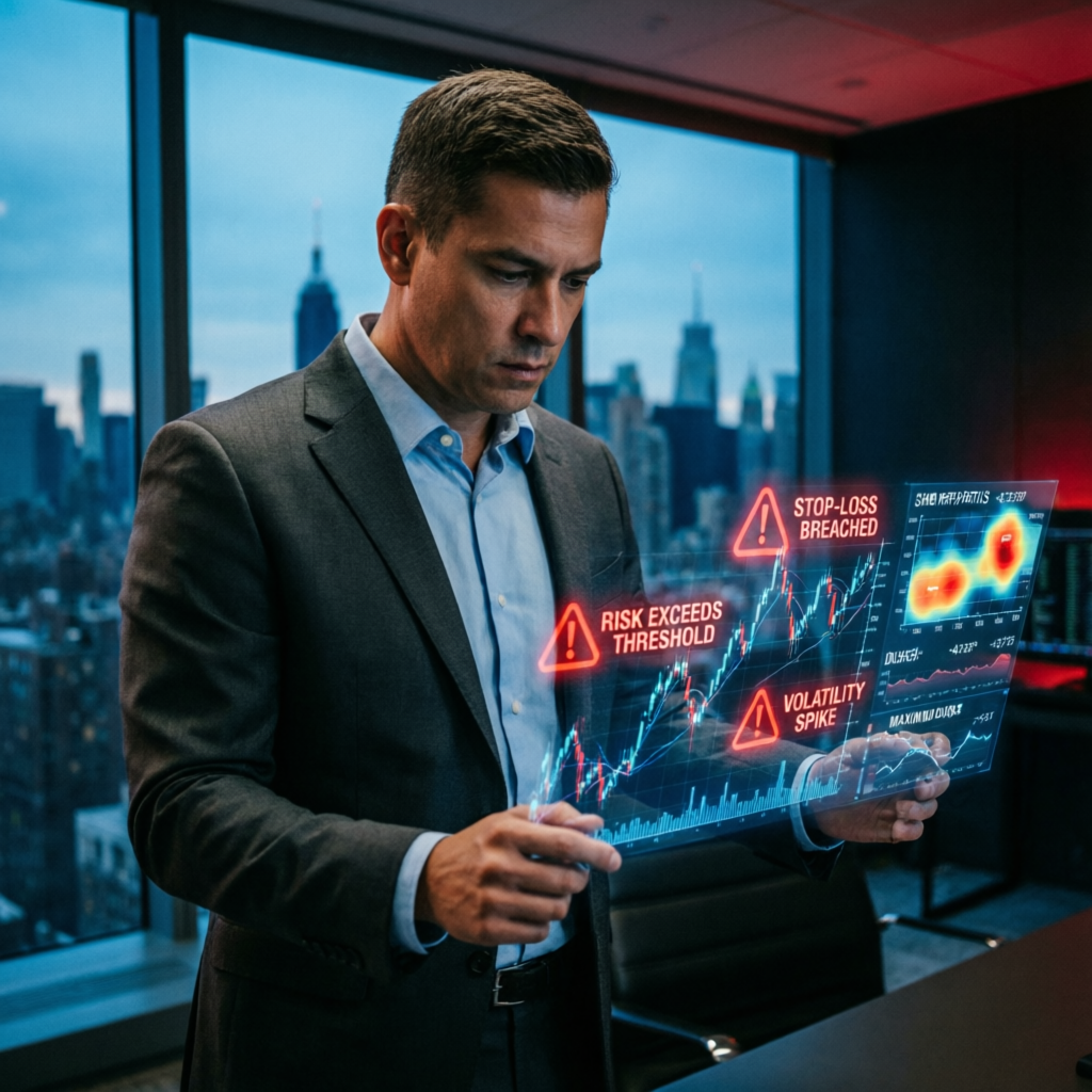 Trader analyzing risk threshold breaches on holographic trading chart