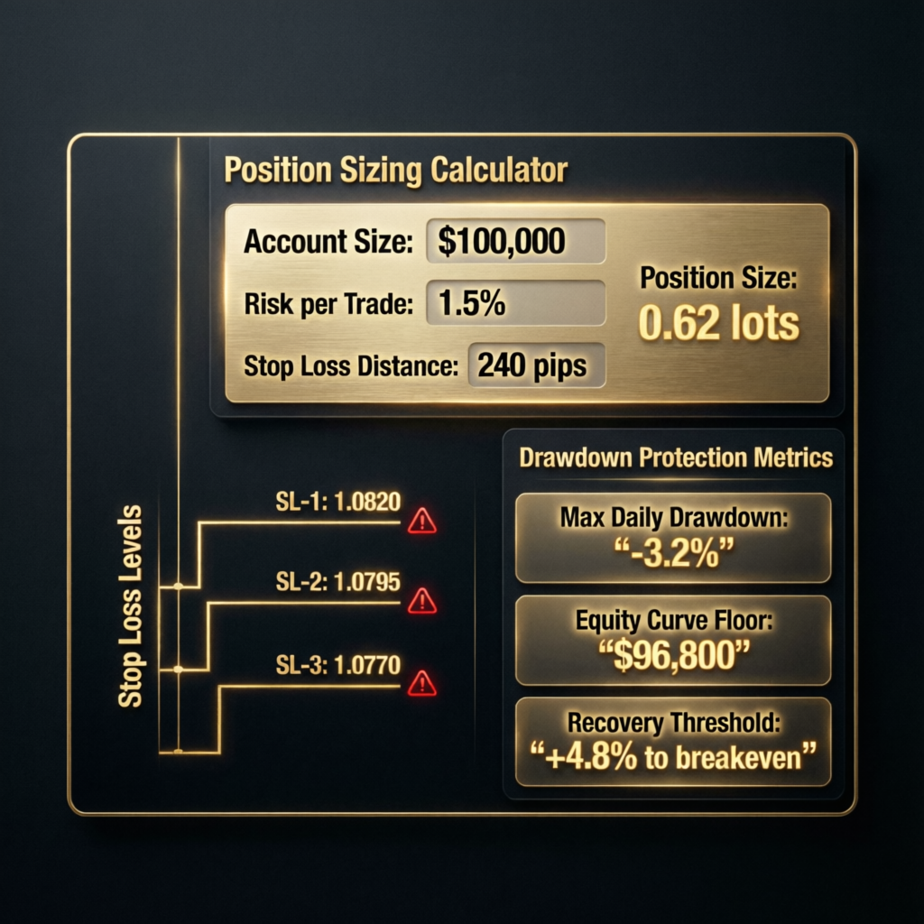 Position sizing calculator showing risk management metrics for Topstep Trading Combine