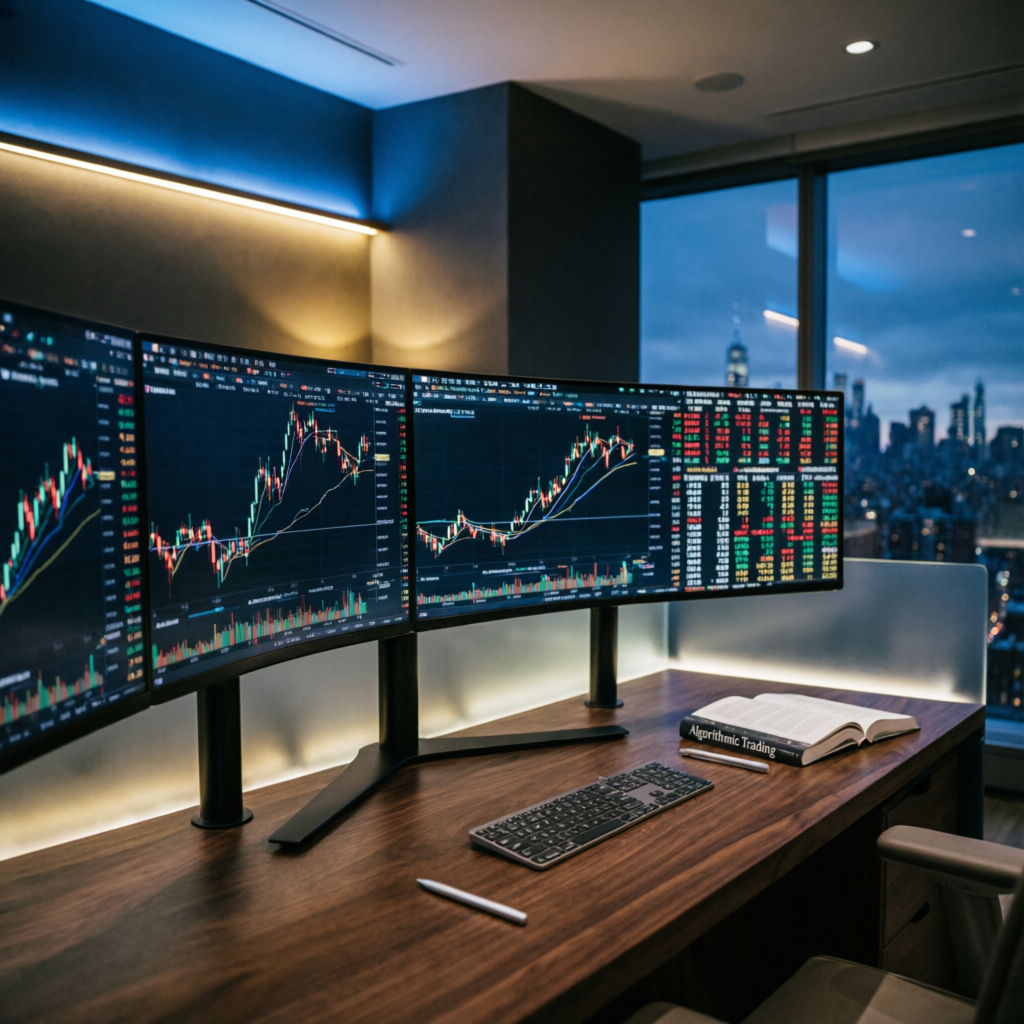Advanced trading technology setup with multiple monitors showing futures charts