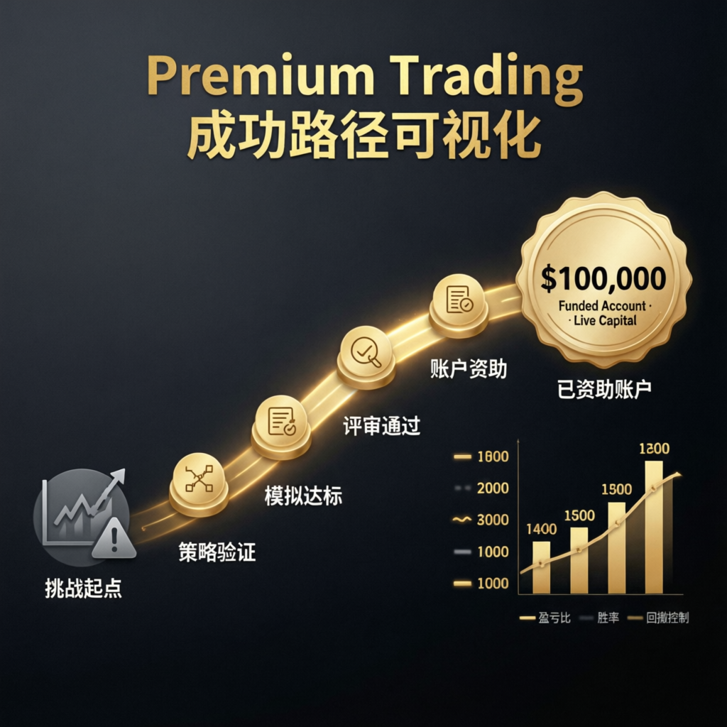 Premium trading combine success path visualization showing progression to funded account