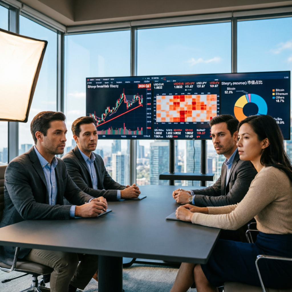 Professional trading team meeting with analysts reviewing market data