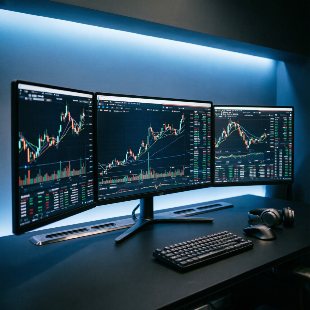 Professional multi-monitor trading workstation with live futures charts