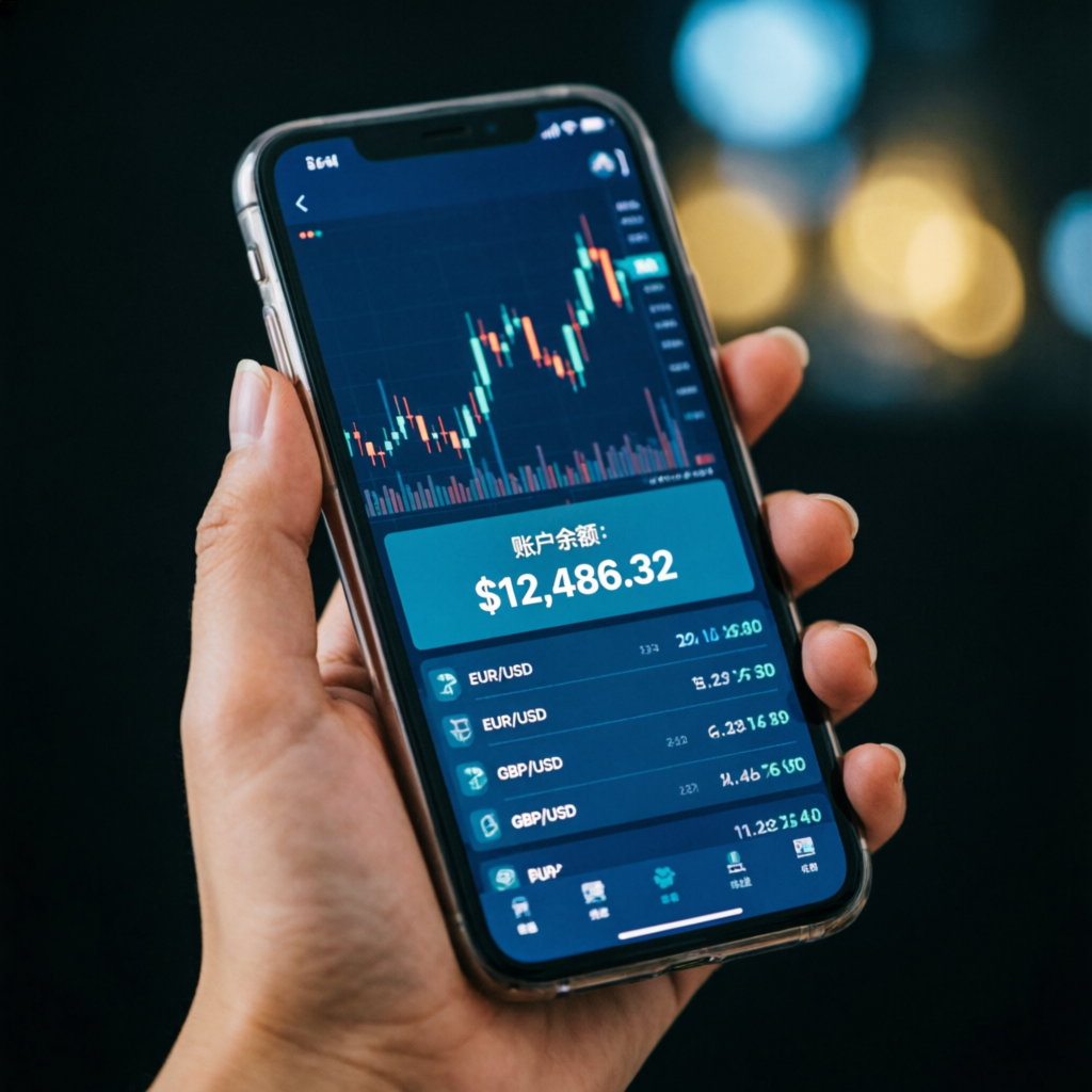 Mobile forex trading app showing live charts and account balance