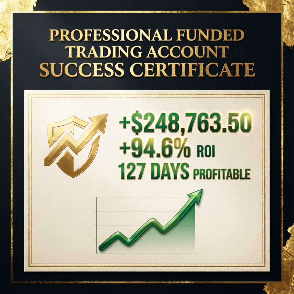 Professional funded trading account success certificate showing profits