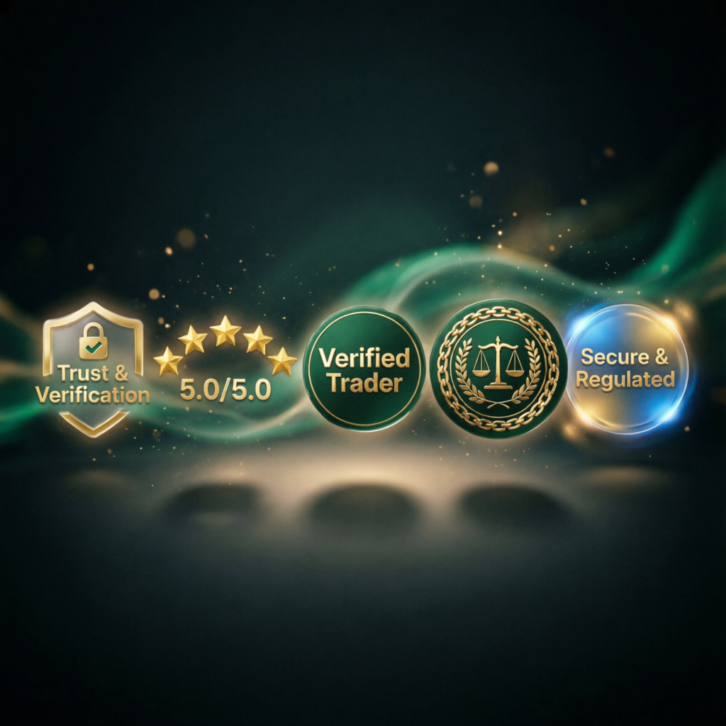 Trust and verification badges showing 5-star ratings and secure regulated status