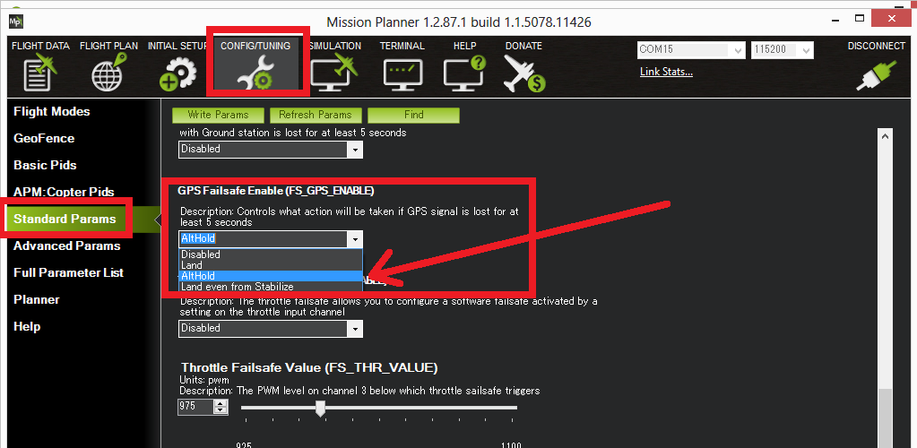 Настройка FS_GPS_ENABLE в Mission Planner