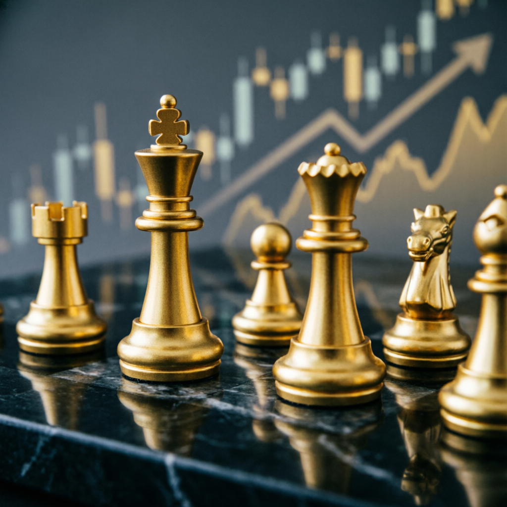 Gold chess pieces representing trading strategy and consistency