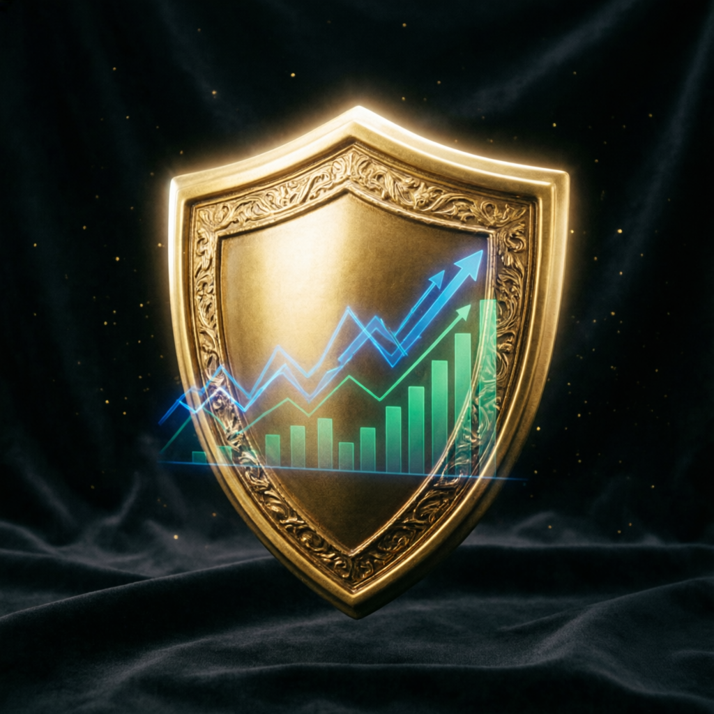 Golden shield protecting financial charts representing risk management