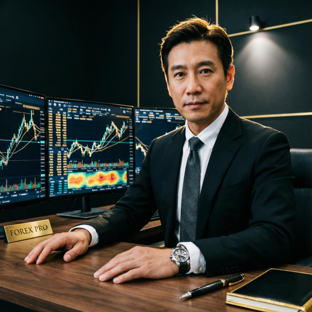 Professional forex trader at multi-monitor desk representing Apex Trader Funding evaluation