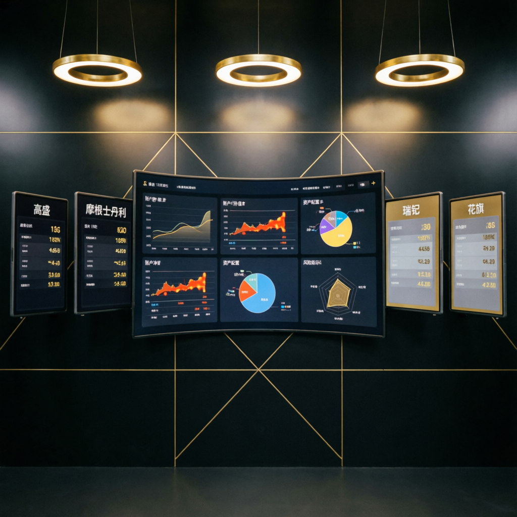 Multiple trading screens showing different platforms and analytics