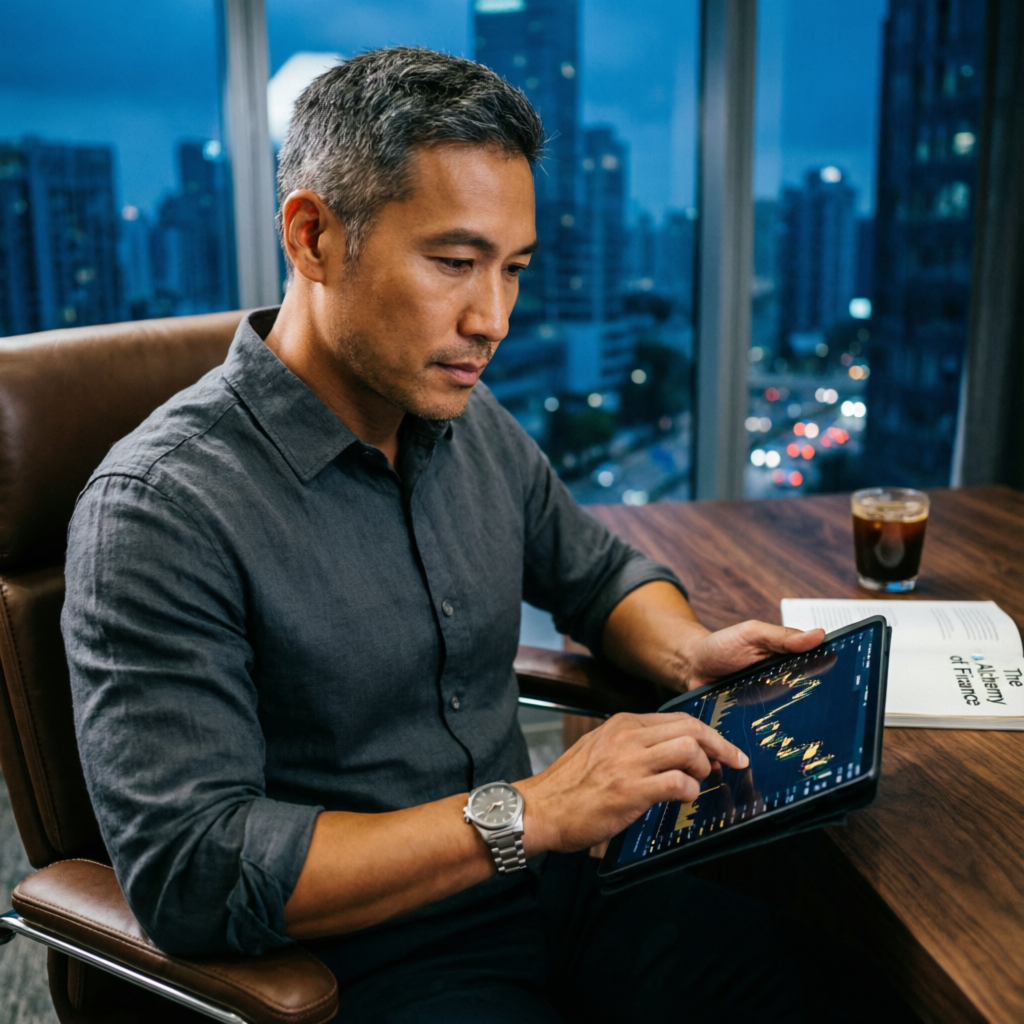 Professional trader reviewing strategy on tablet