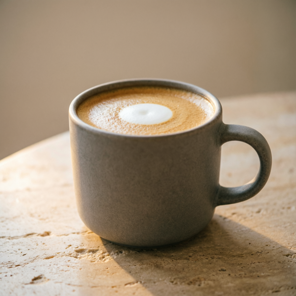 Flat white con microespuma fina en taza de gres sobre piedra clara.