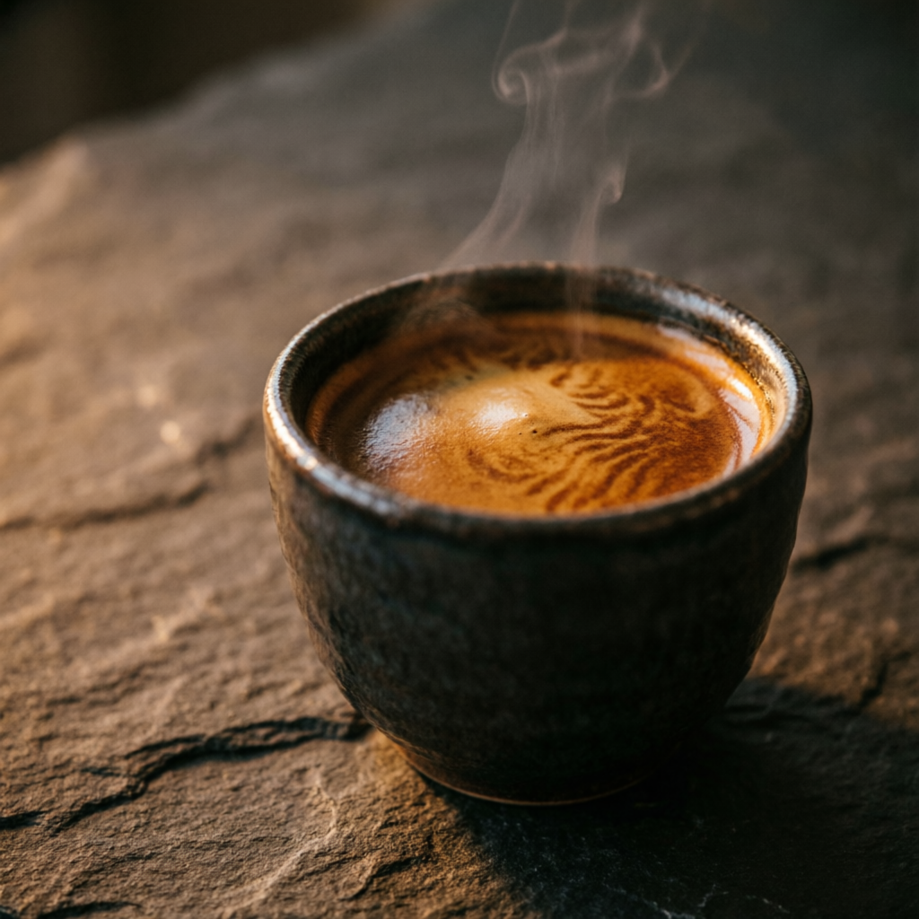 Espresso con crema densa en una taza de cerámica oscura sobre piedra.