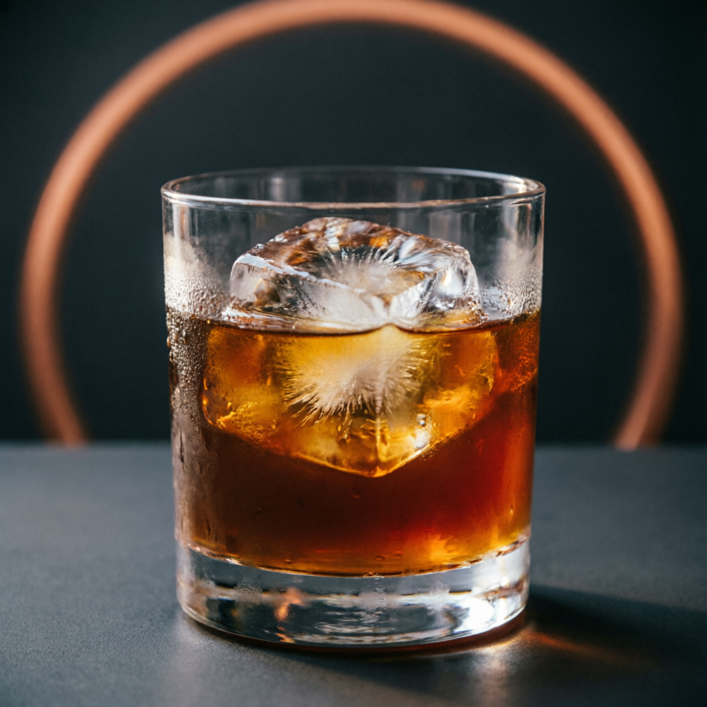 Cold brew ámbar con un cubo de hielo grande en vaso de cristal.