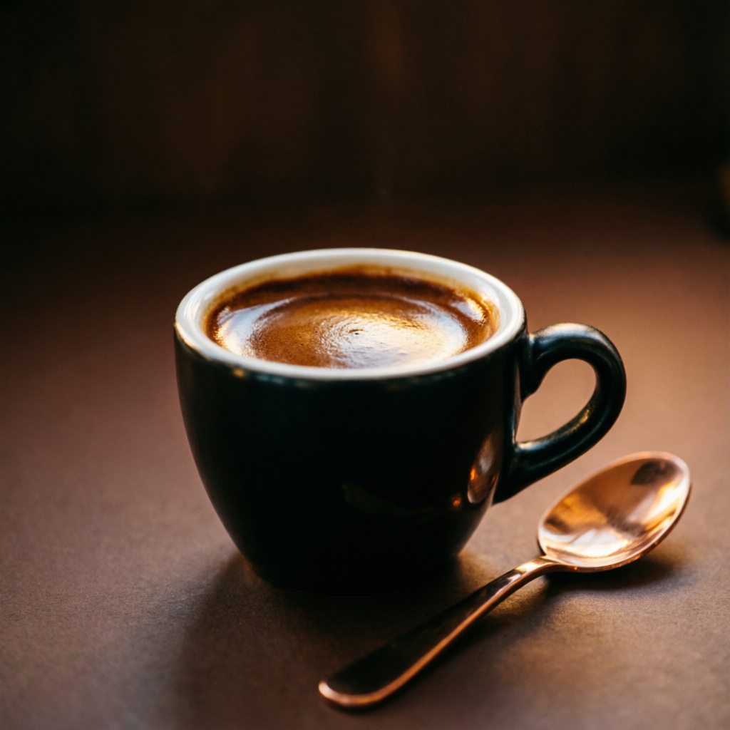 Ristretto en taza pequeña negra con una cucharilla de cobre.