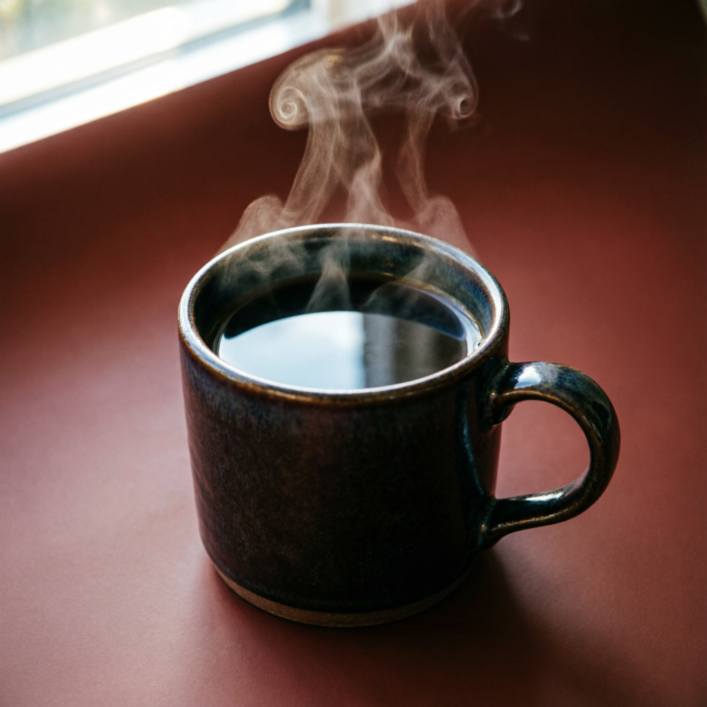 Americano humeante en una taza de cerámica oscura.
