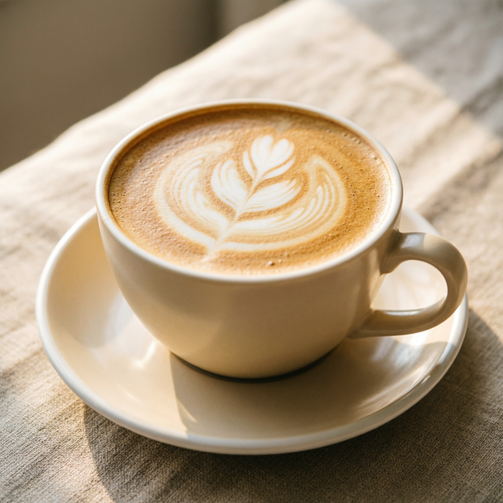 Cappuccino con microespuma y dibujo tipo tulipán en taza clara.