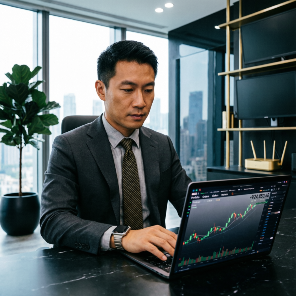 Professional trader analyzing profits on laptop