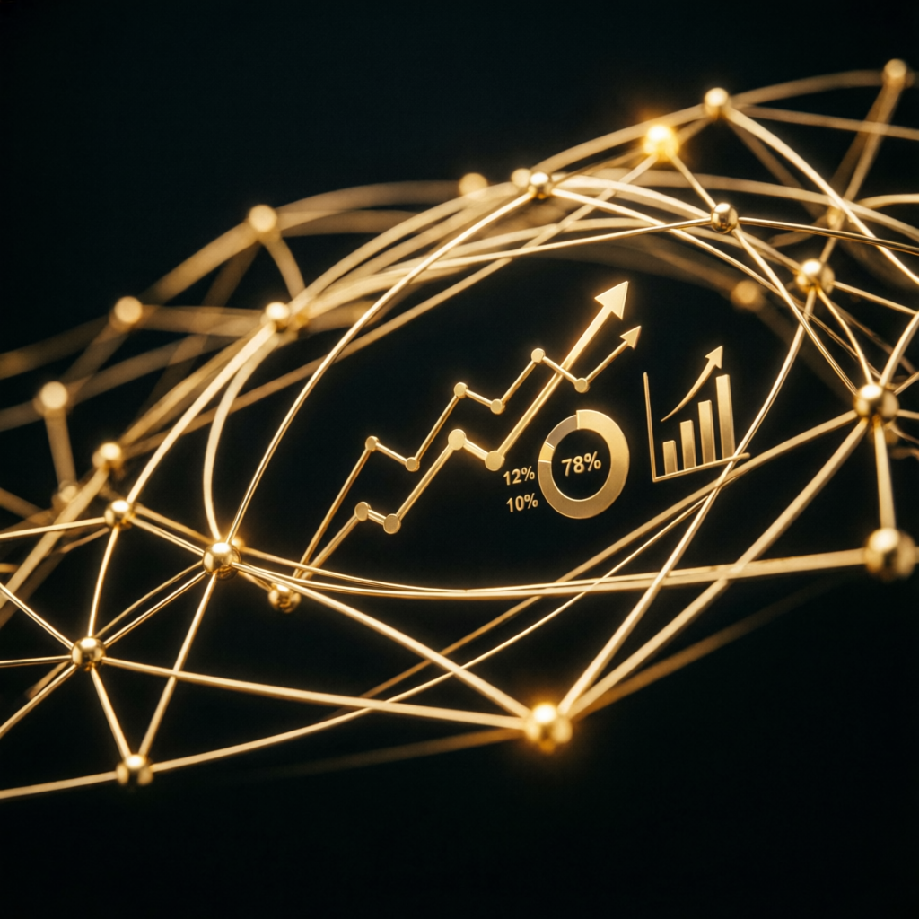 Golden network visualization showing trading analytics