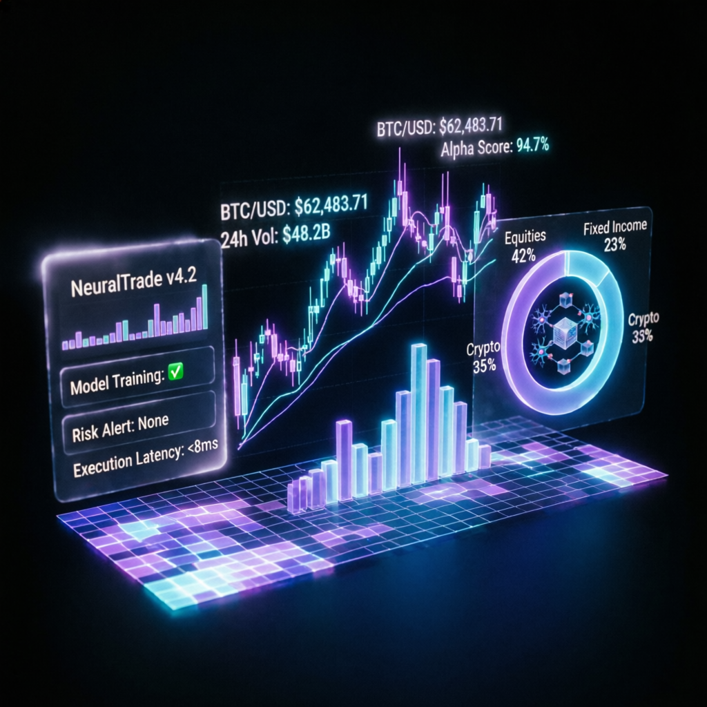 AI-powered Topstep trading dashboard with holographic financial charts and neon gradients