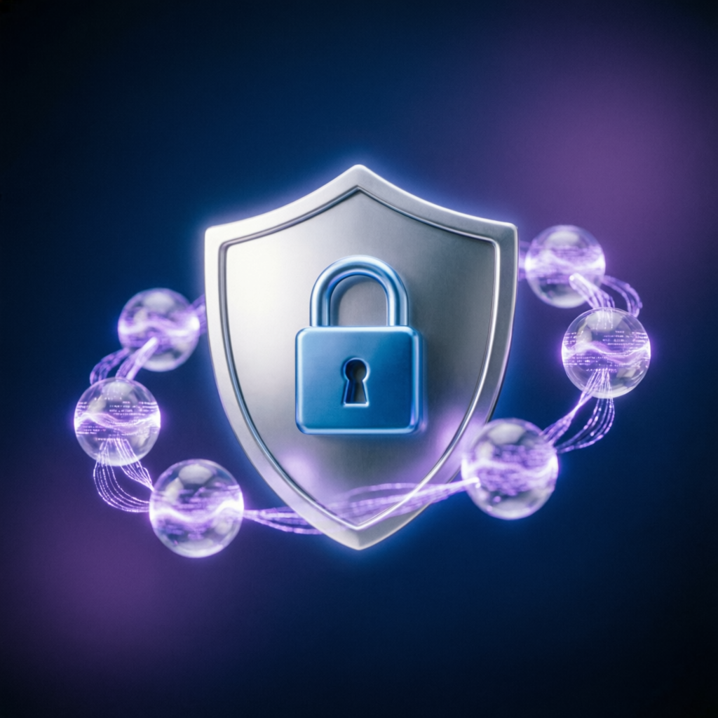 Security shield with blockchain nodes representing Topstep's secure and regulated trading environment